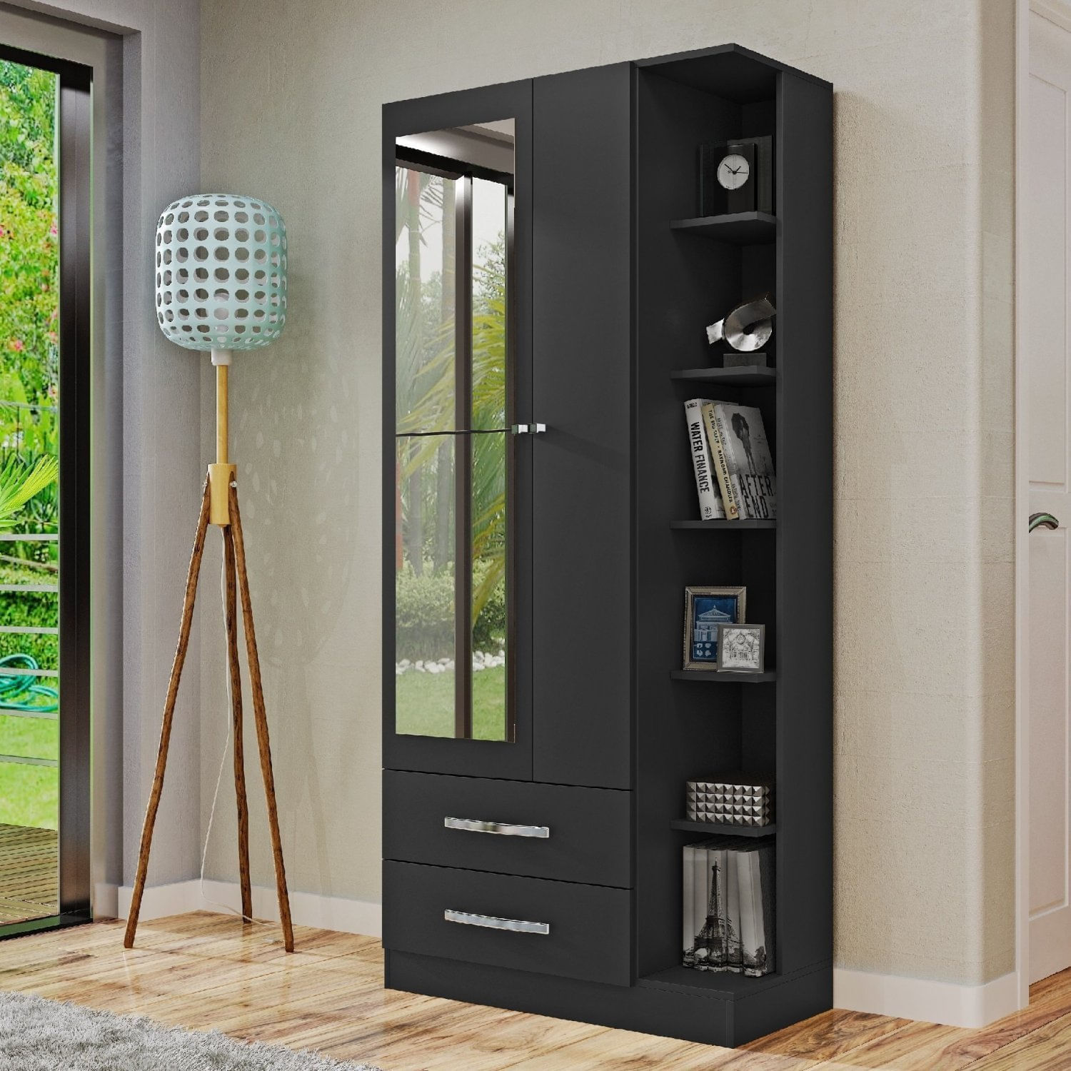 Guarda Roupa Solteiro Com Espelho 2 Portas 2 Gavetas Moju Mapi Móveis Preto Fosco