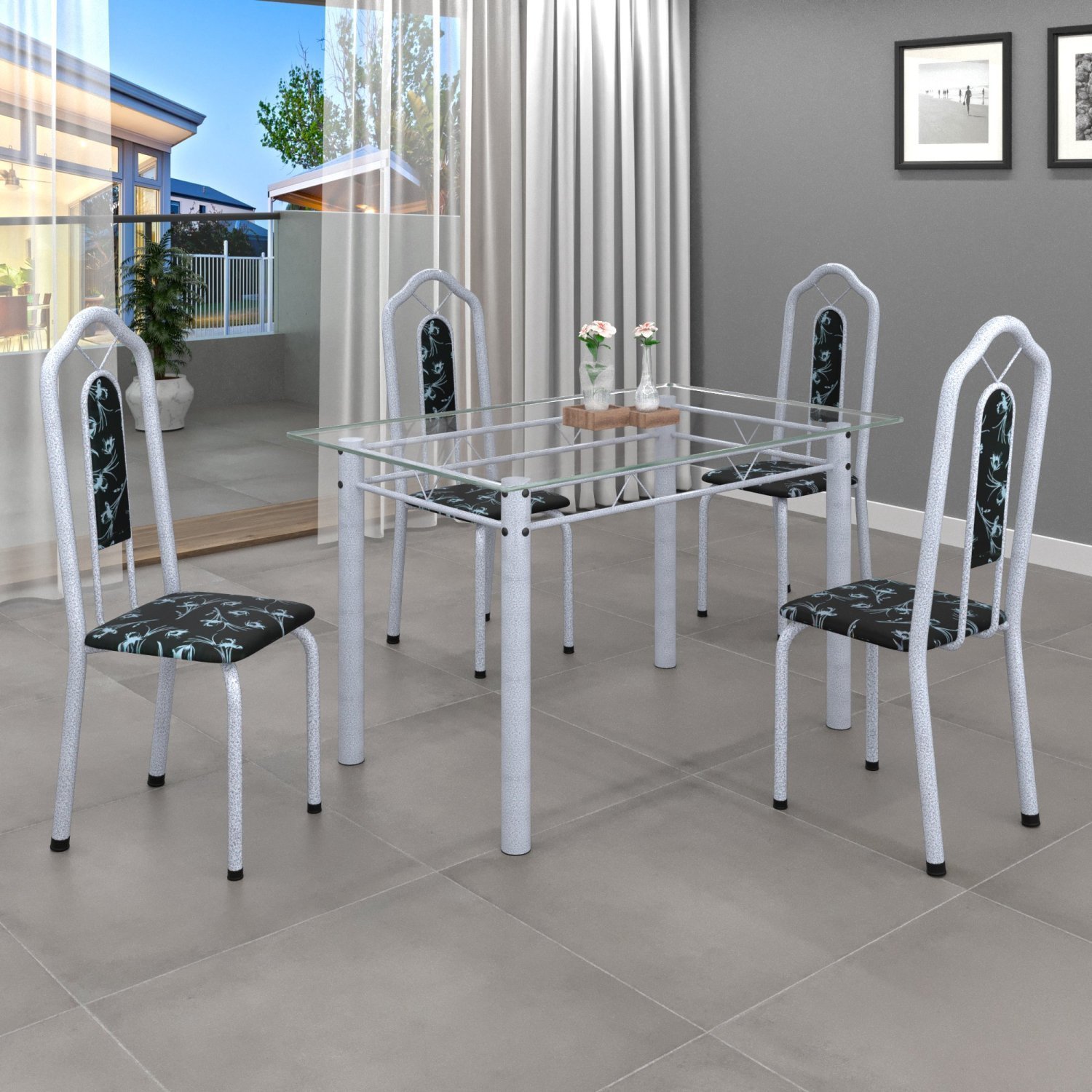 Conjunto De Mesa 120x75cm Tampo Vidro Com 4 Cadeiras Bianca Soma Móveis Preto Floral/mart Pérola/vidro Incolor