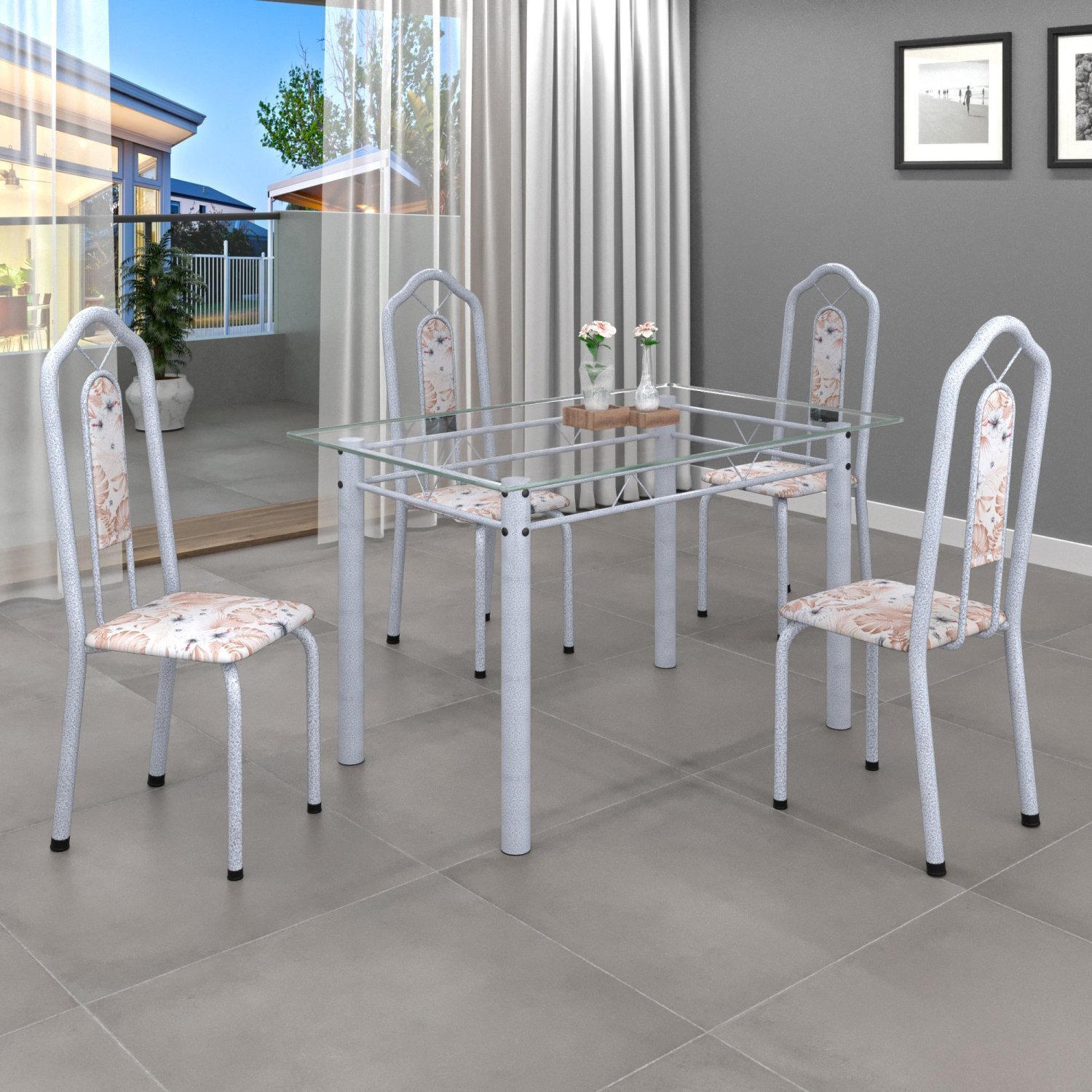 Conjunto De Mesa 120x75cm Tampo Vidro Com 4 Cadeiras Bianca Soma Móveis Botanic Bege/mart Pérola/vidro Incolor