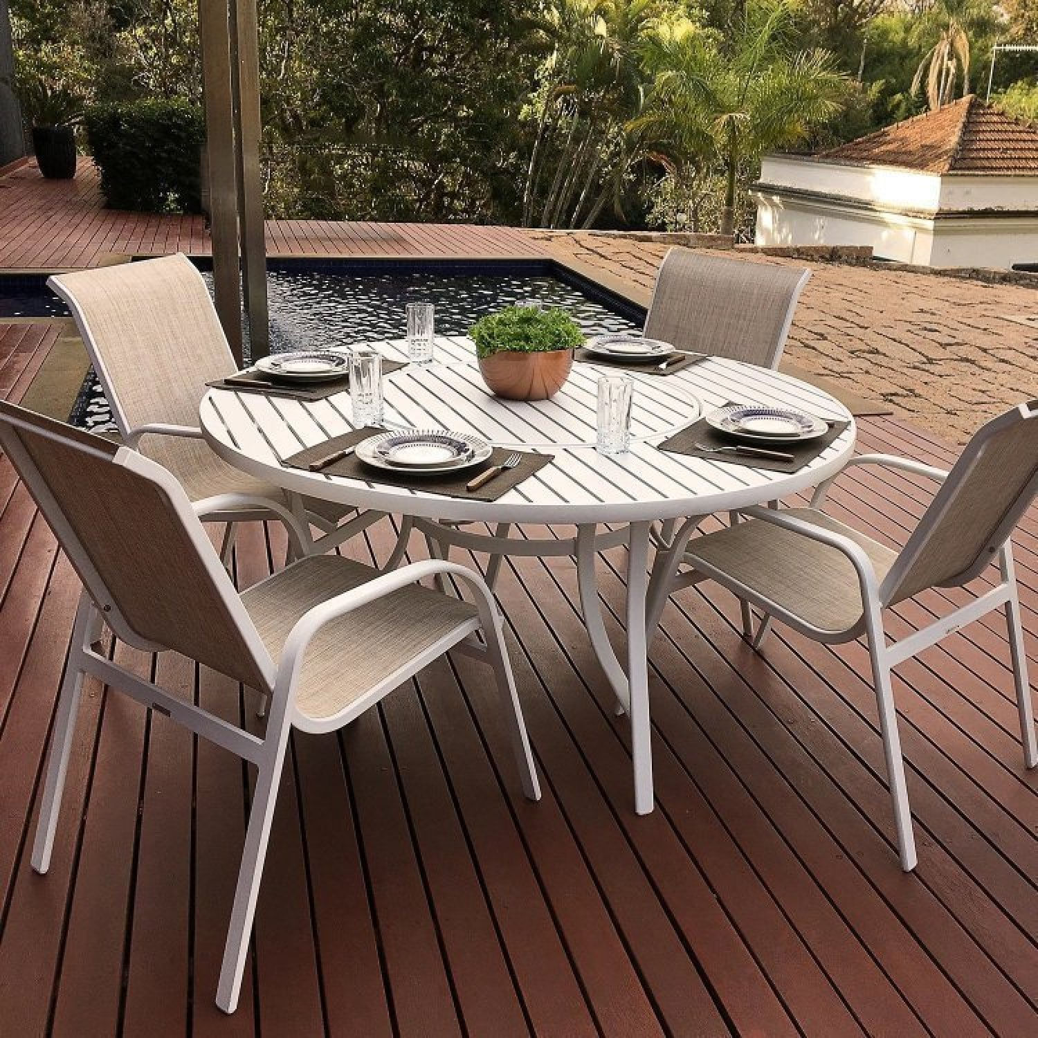 Conjunto Mesa Redonda Ripada 120cm Porto Rico E 4 Poltronas Com Tela Cannes Portinaty