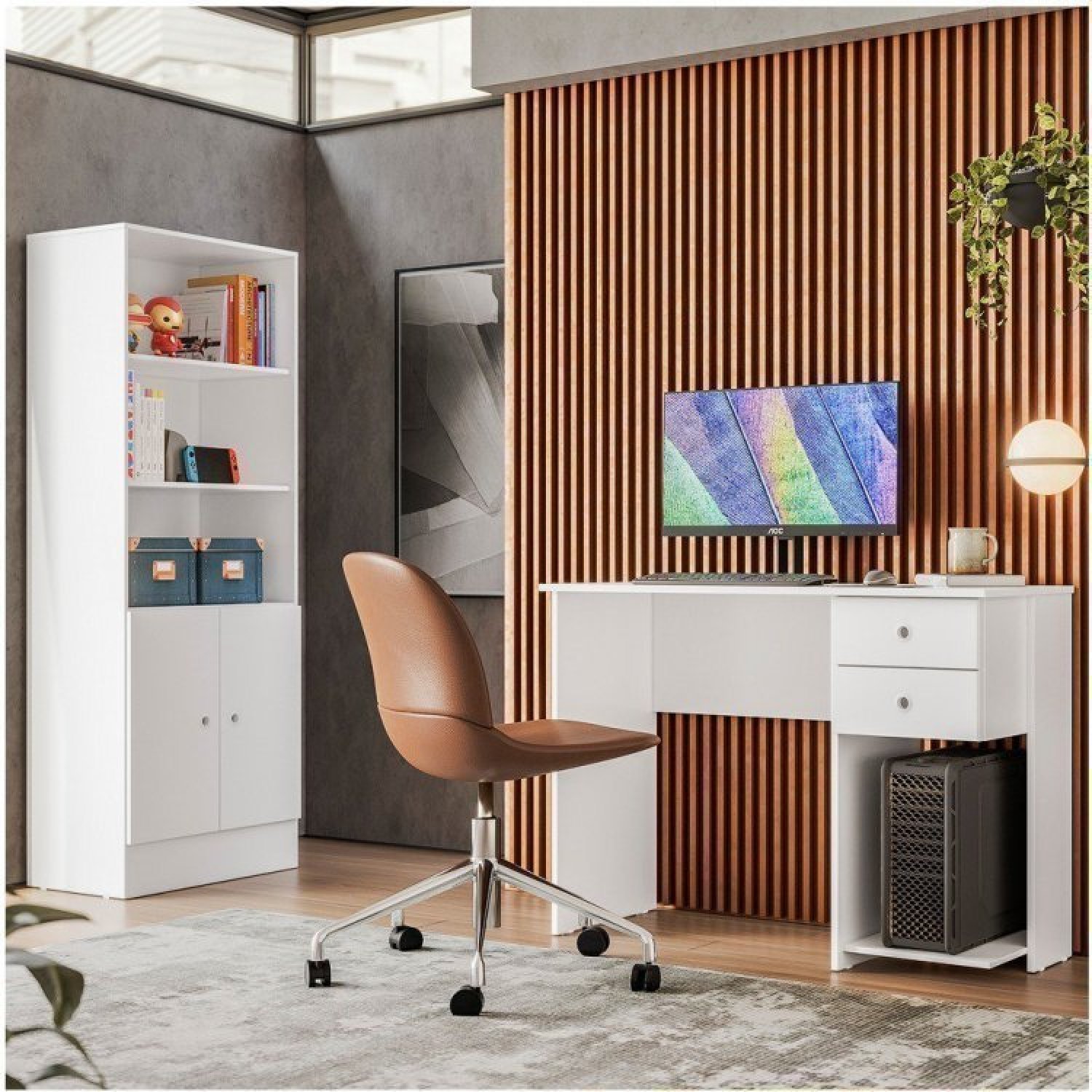 Conjunto Home Office 2 Peças 1 Escrivaninha 2 Gavetas E 1 Armário Gamer 2 Portas Espresso Móveis Branco