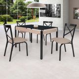 Conjunto Sala De Jantar Mesa 120x75cm Tampo Vidro Com 4 Cadeiras Karina Ciplafe Preto/linho Bege