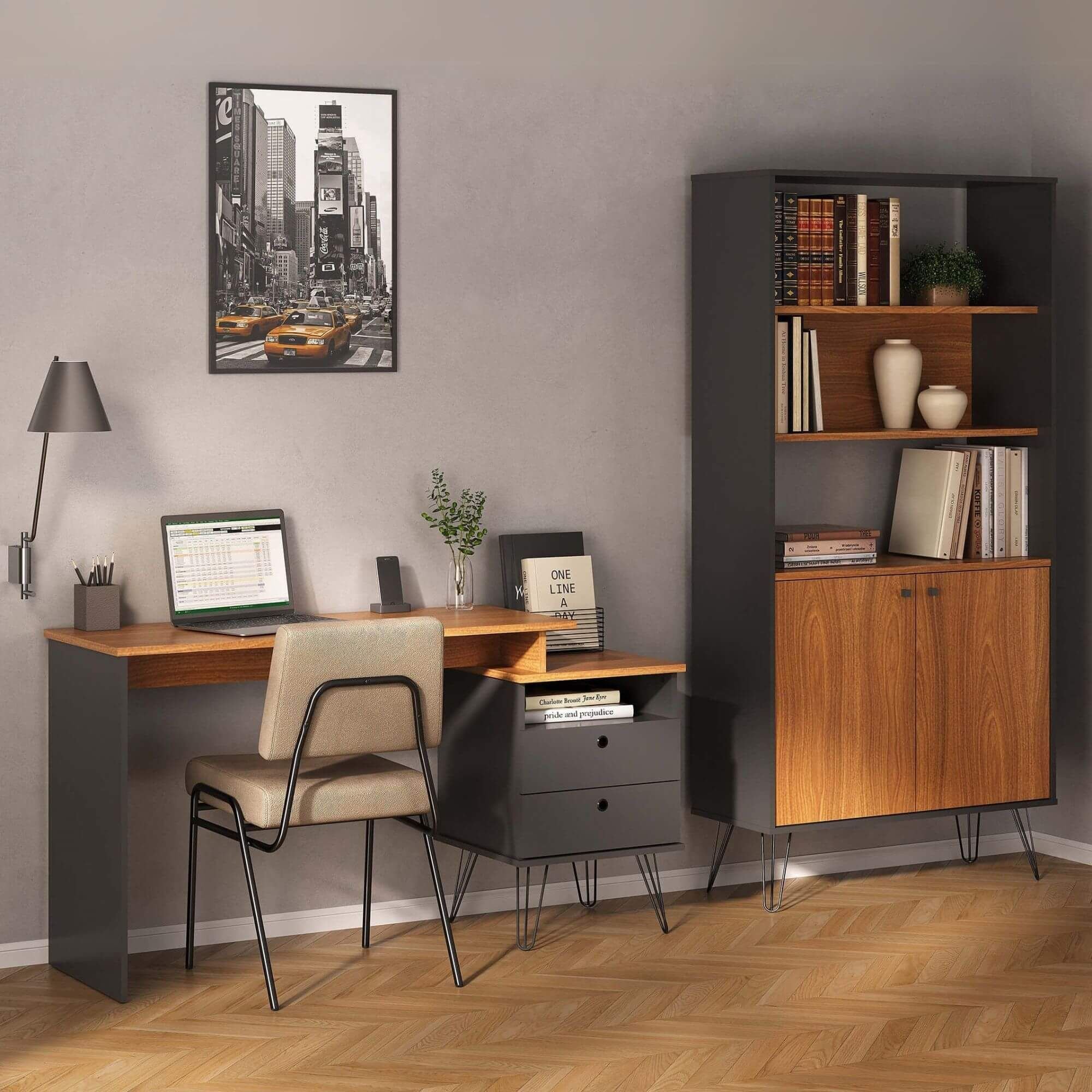 Conjunto Home Office Industrial Escrivaninha 2 Gavetas Com Estante Alta Artany Freijó/preto