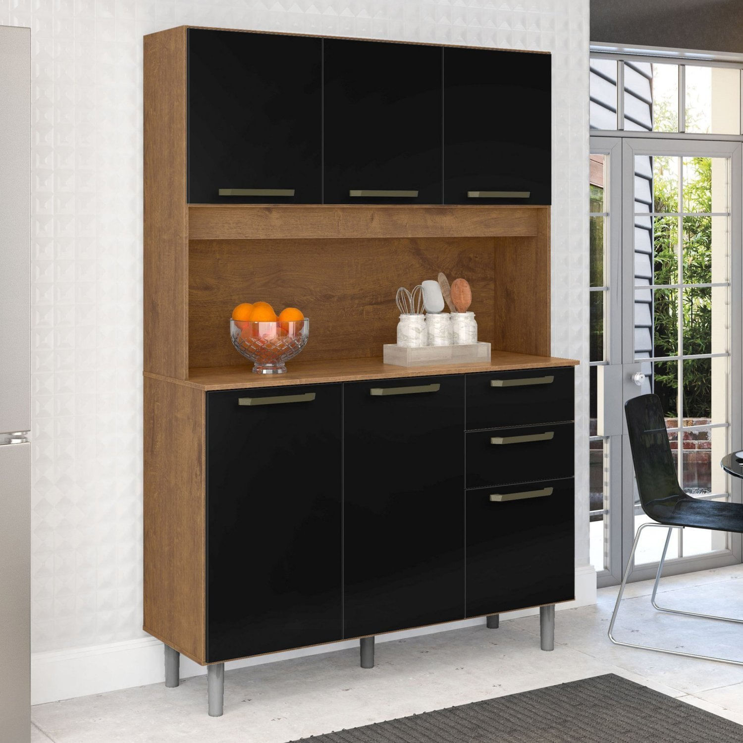 Armário Para Cozinha 6 Portas 2 Gavetas 120cm Zanzini Natura/preto