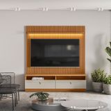 Rack Com Painel Para Tv Até 75 Polegadas Com Led 2 Nichos 2 Gavetas Ouro Preto Linea Brasil Nature/off White