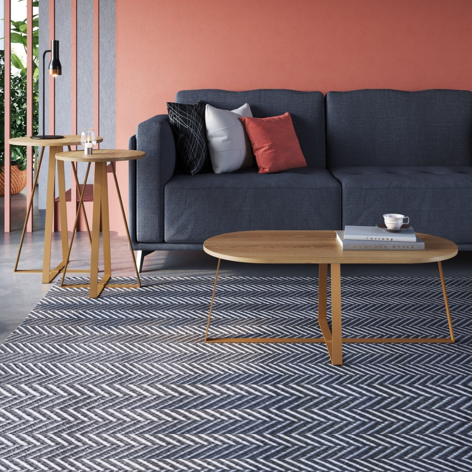 Conjunto 3 Mesas Centro E Lateral Redonda Industrial Artesano Hanover/dourado