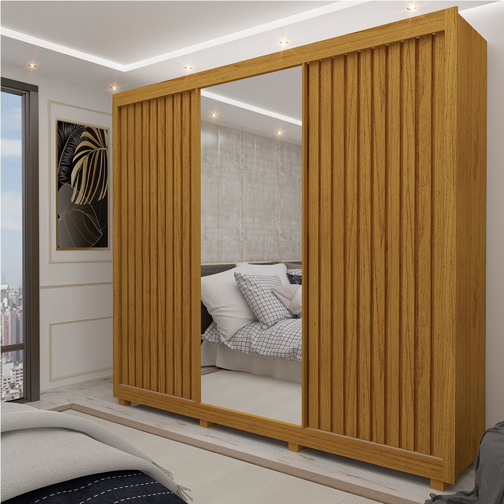 Guarda Roupa Casal Com Espelho 3 Portas Pés Royale Ripado Gelius Móveis Naturale