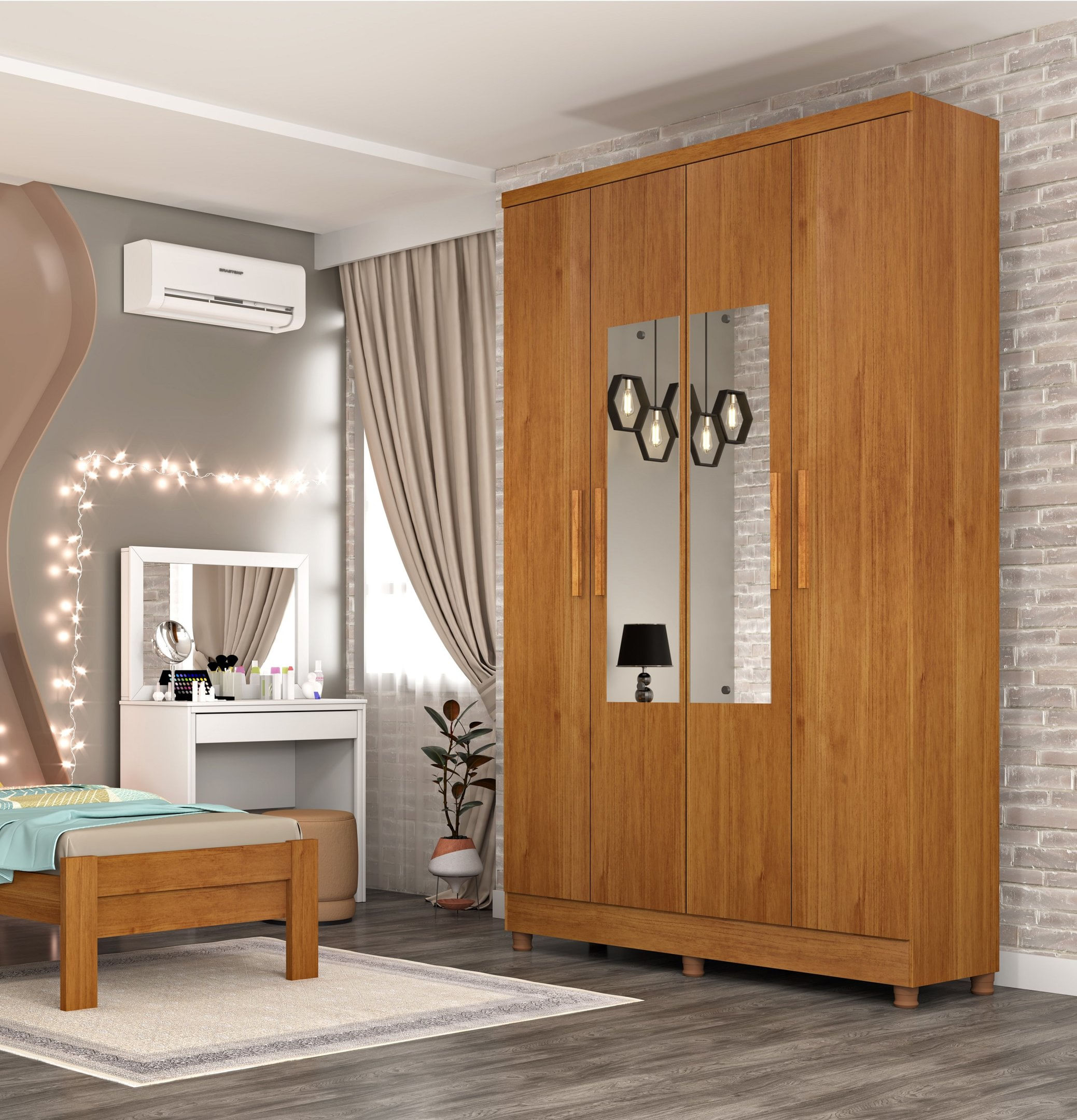 Guarda Roupa Solteiro 4 Portas 2 Gavetas Com Pés E Espelho Amsterdam Tcil Móveis Cinamomo