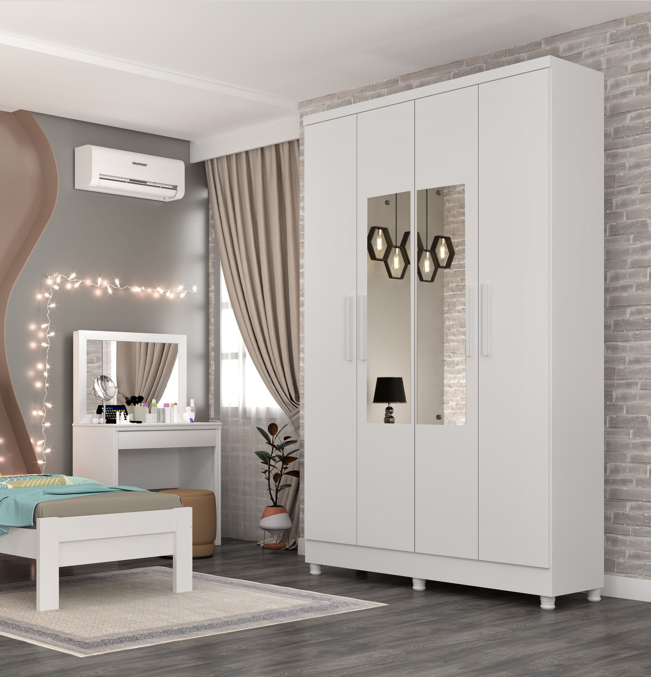 Guarda Roupa Solteiro 4 Portas 2 Gavetas Com Pés E Espelho Amsterdam Tcil Móveis Neve