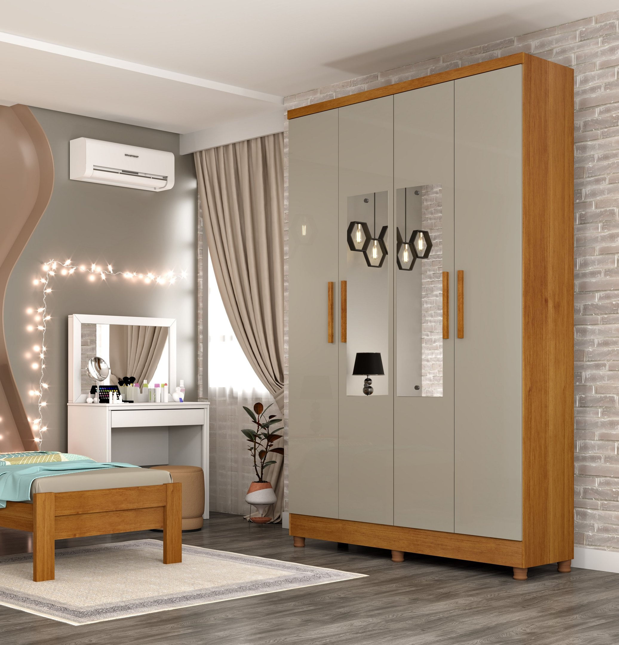 Guarda Roupa Solteiro 4 Portas 2 Gavetas Com Pés E Espelho Amsterdam Tcil Móveis Cinamomo/off White