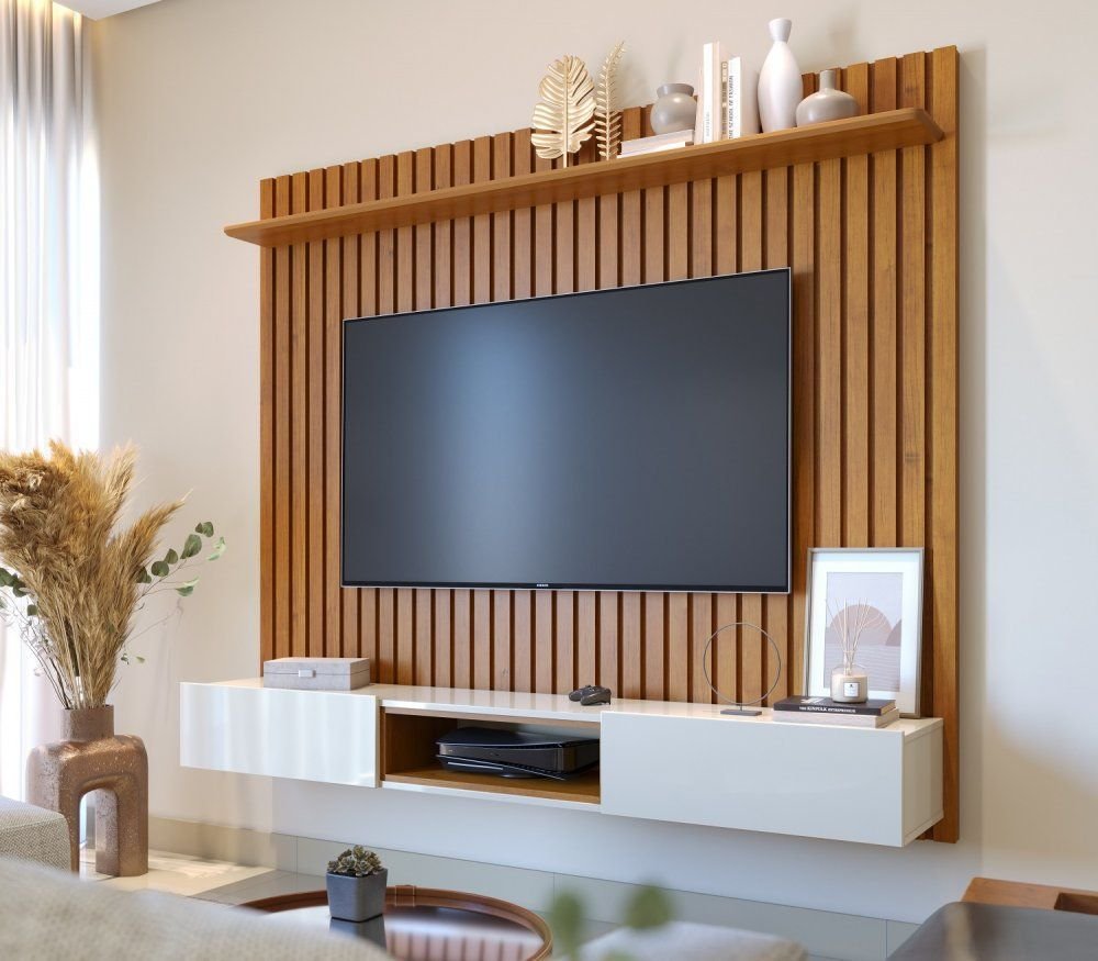 Painel Para Tv Até 75 Polegadas Ripado Loft 2,2m Imcal Nature/off White