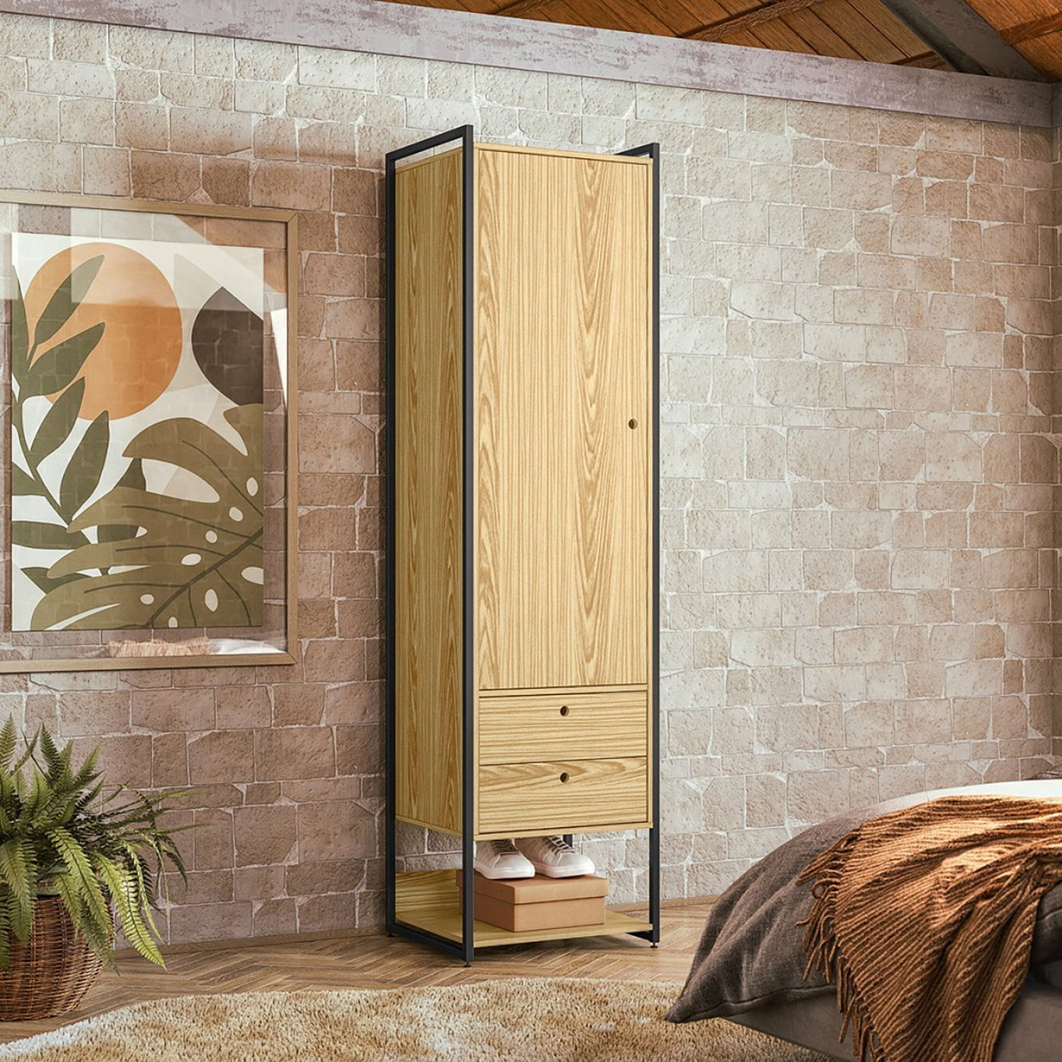 Guarda Roupa Closet Industrial 1 Porta 2 Gavetas Olivar Pinus