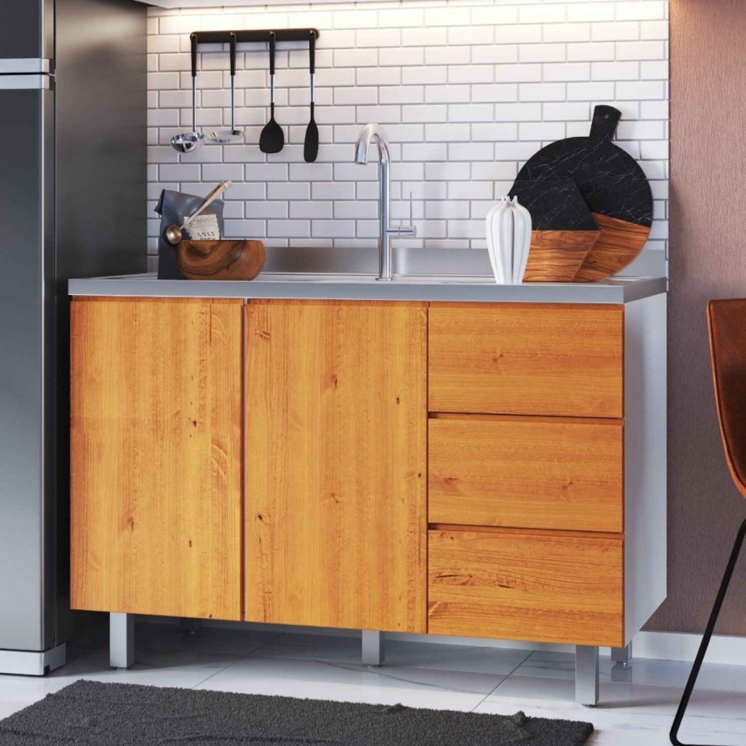 Balcão Para Pia 120cm Sem Tampo Madeira Maciça/mdf Island Artemobili Preto/garapa