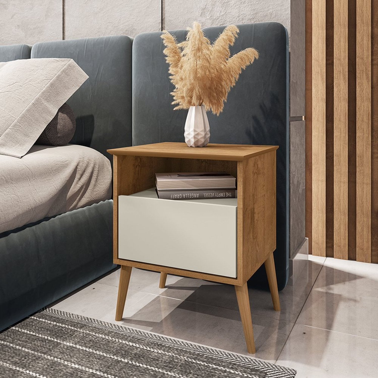 Mesa De Cabeceira 1 Gaveta Pés De Madeira Maciça Cancun Móveis Bechara Amêndoa Mel