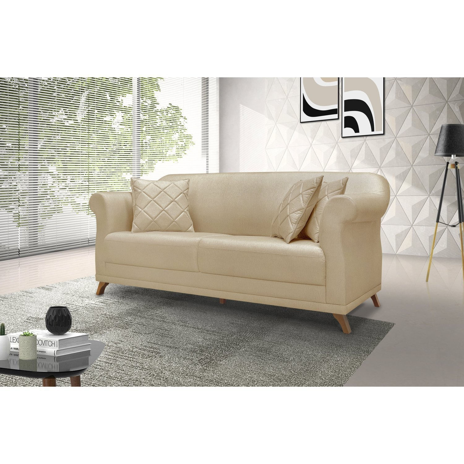 Sofá 3 Lugares 220cm Linho Arras Spezzia Decor Dourado