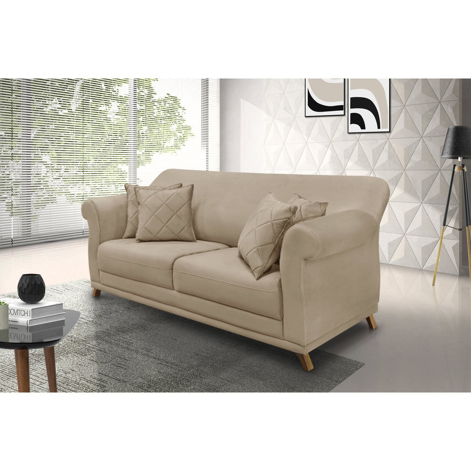 Sofá 3 Lugares 220cm Suede Arras Spezzia Decor Bege