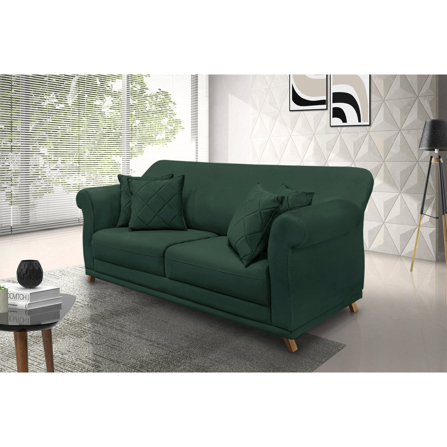 Sofá 3 Lugares 220cm Veludo Arras Spezzia Decor Verde Floresta