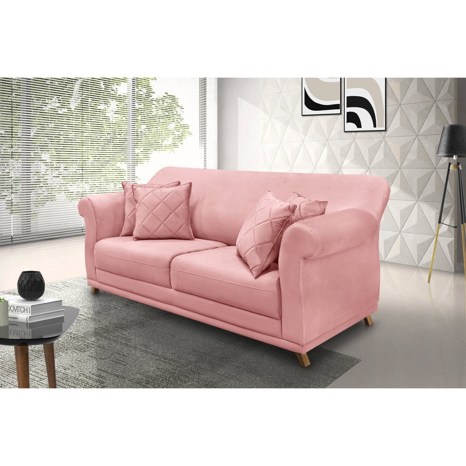 Sofá 3 Lugares 200cm Veludo Arras Spezzia Decor Rosa