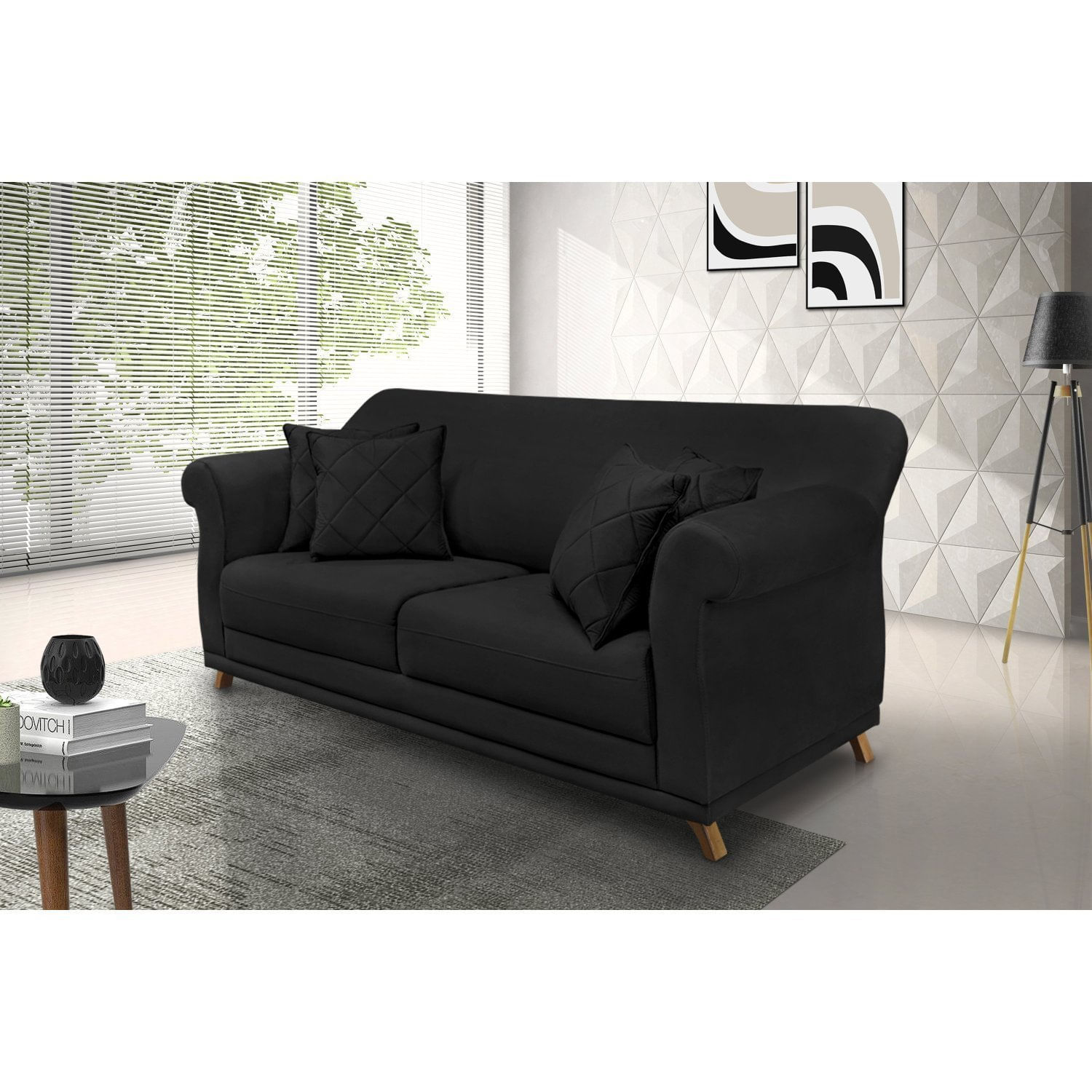 Sofá 3 Lugares 220cm Suede Arras Spezzia Decor Preto