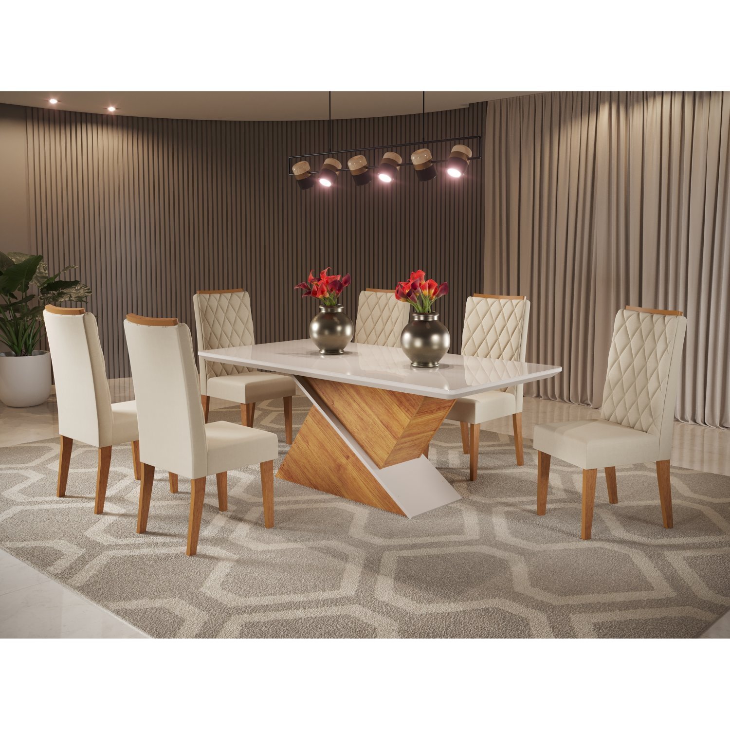 Conjunto Sala De Jantar Mesa Epic Tampo Vidro/mdf Com 6 Cadeiras Iza Viero Mel/bege/off White