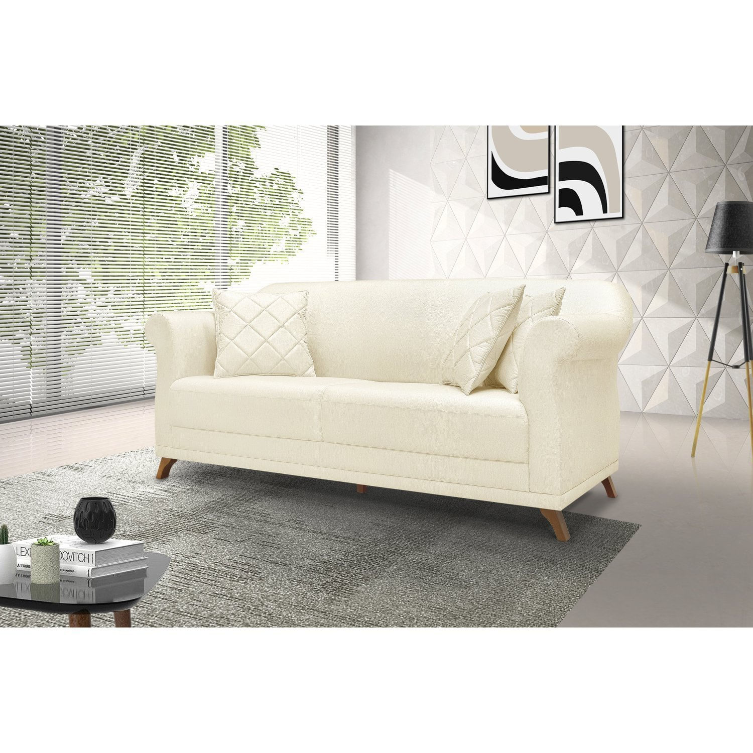 Sofá 3 Lugares 220cm Linho Arras Spezzia Decor Pérola