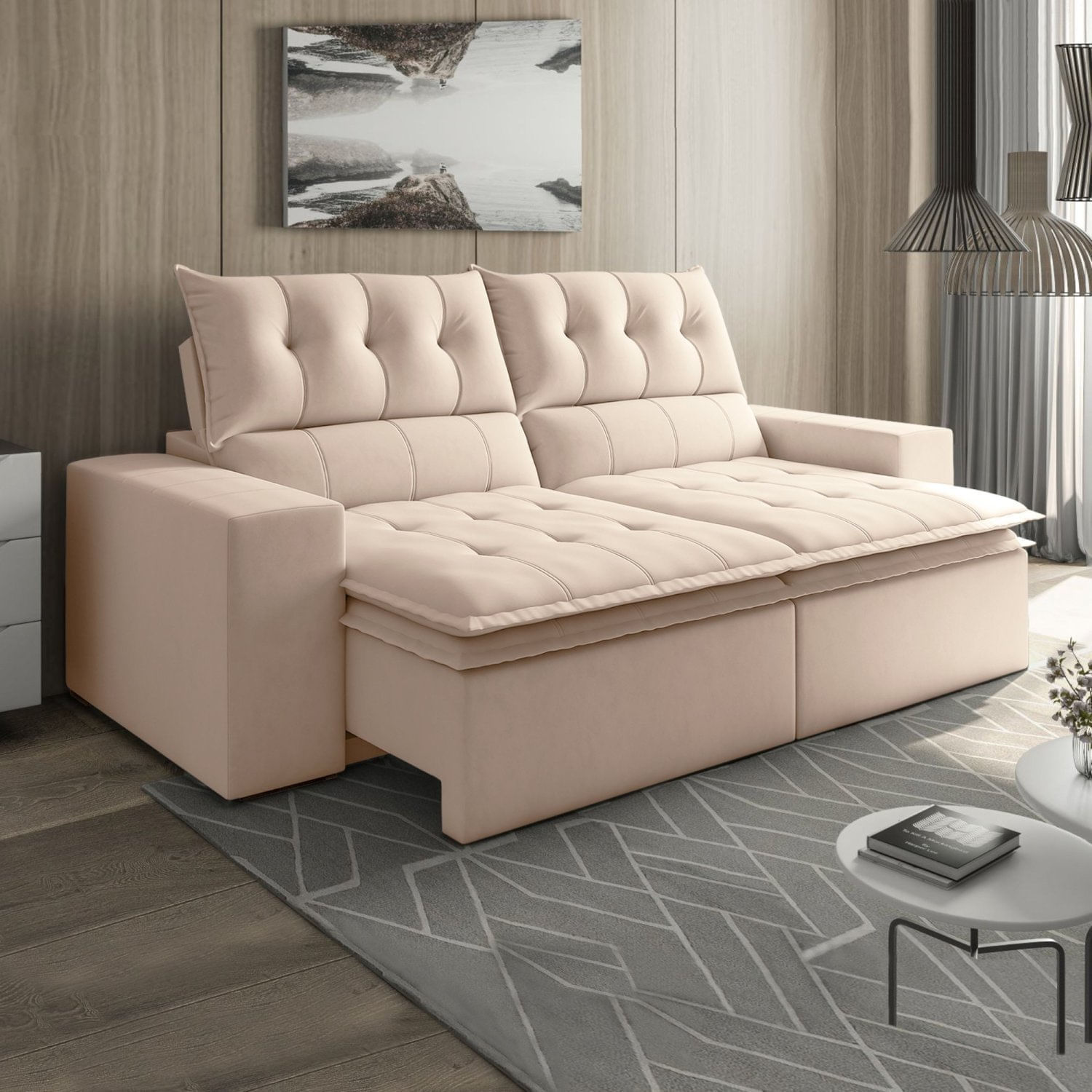 Sofá Retrátil E Reclinável 4 Lugares Pillowtop Duplo M118 Veludo/bege Claro