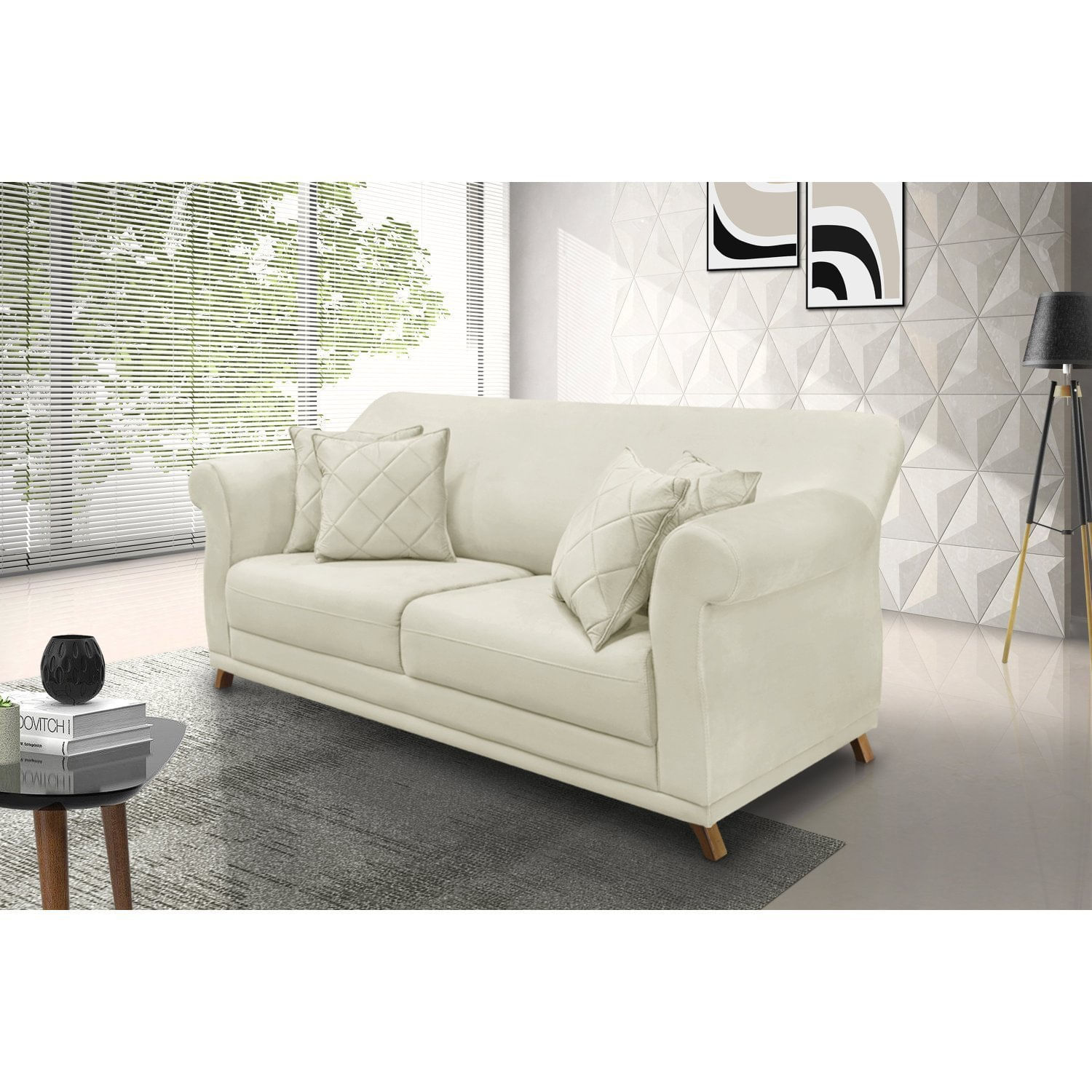 Sofá 3 Lugares 200cm Veludo Arras Spezzia Decor Bege