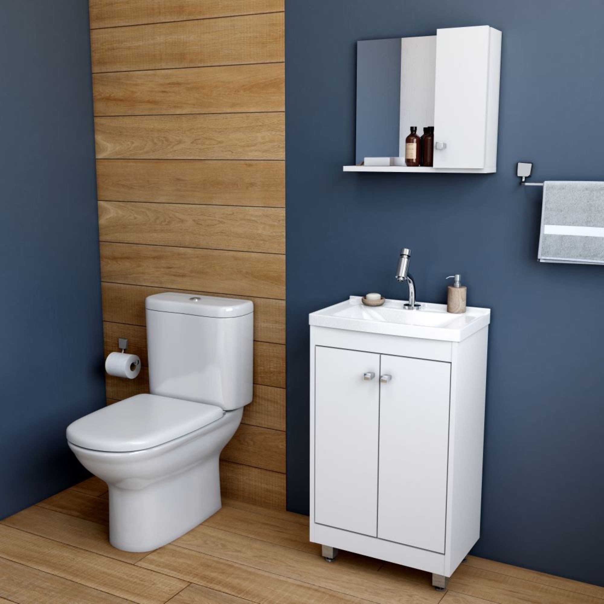 Conjunto Gabinete Para Banheiro Cuba 2 Portas E Espelheira Essenza Ozini Branco