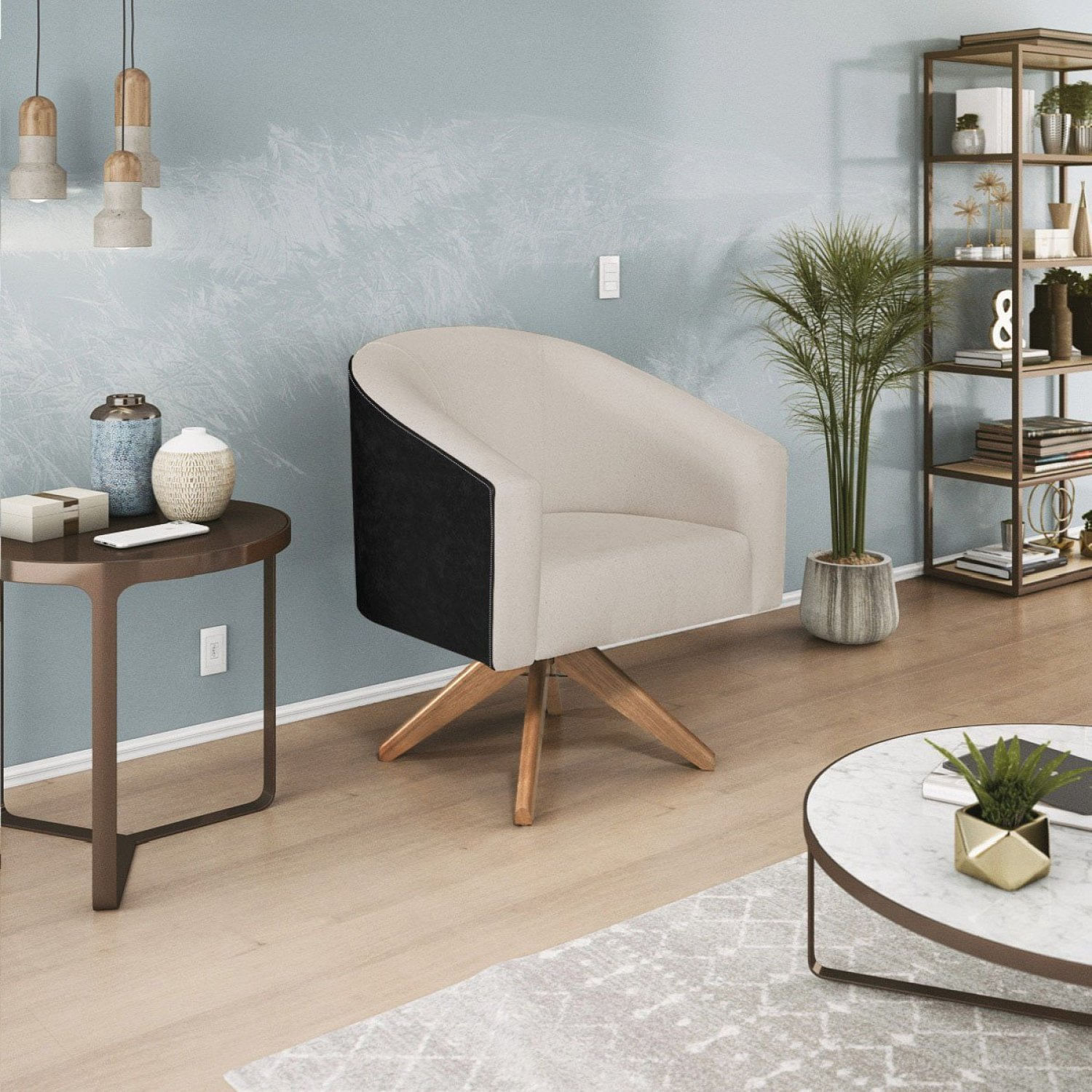 Poltrona Base Giratória De Madeira Factor Linho Mariana Maranata Estofados Bege