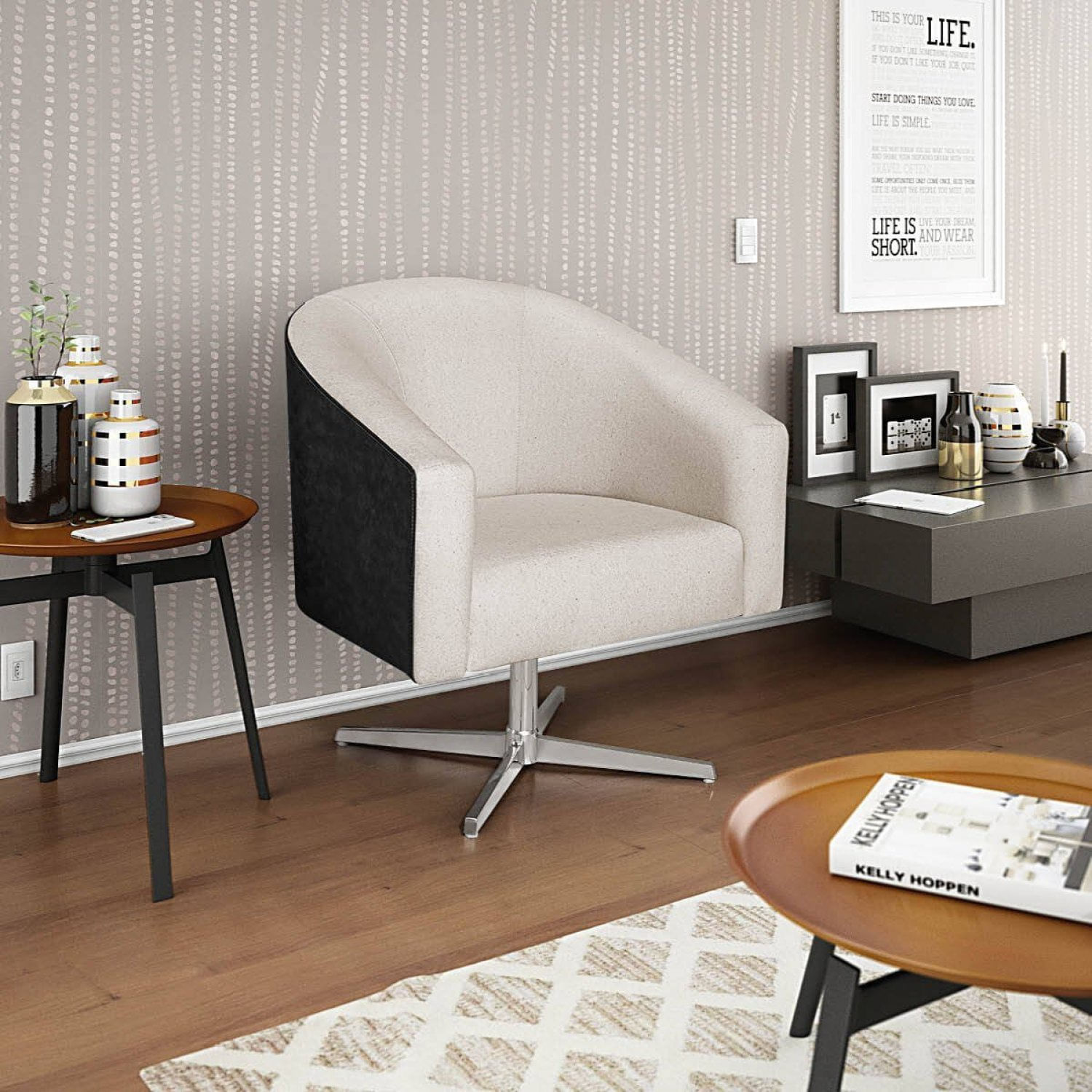 Poltrona Base Giratória De Metal Factor Linho Mariana Maranata Estofados Bege