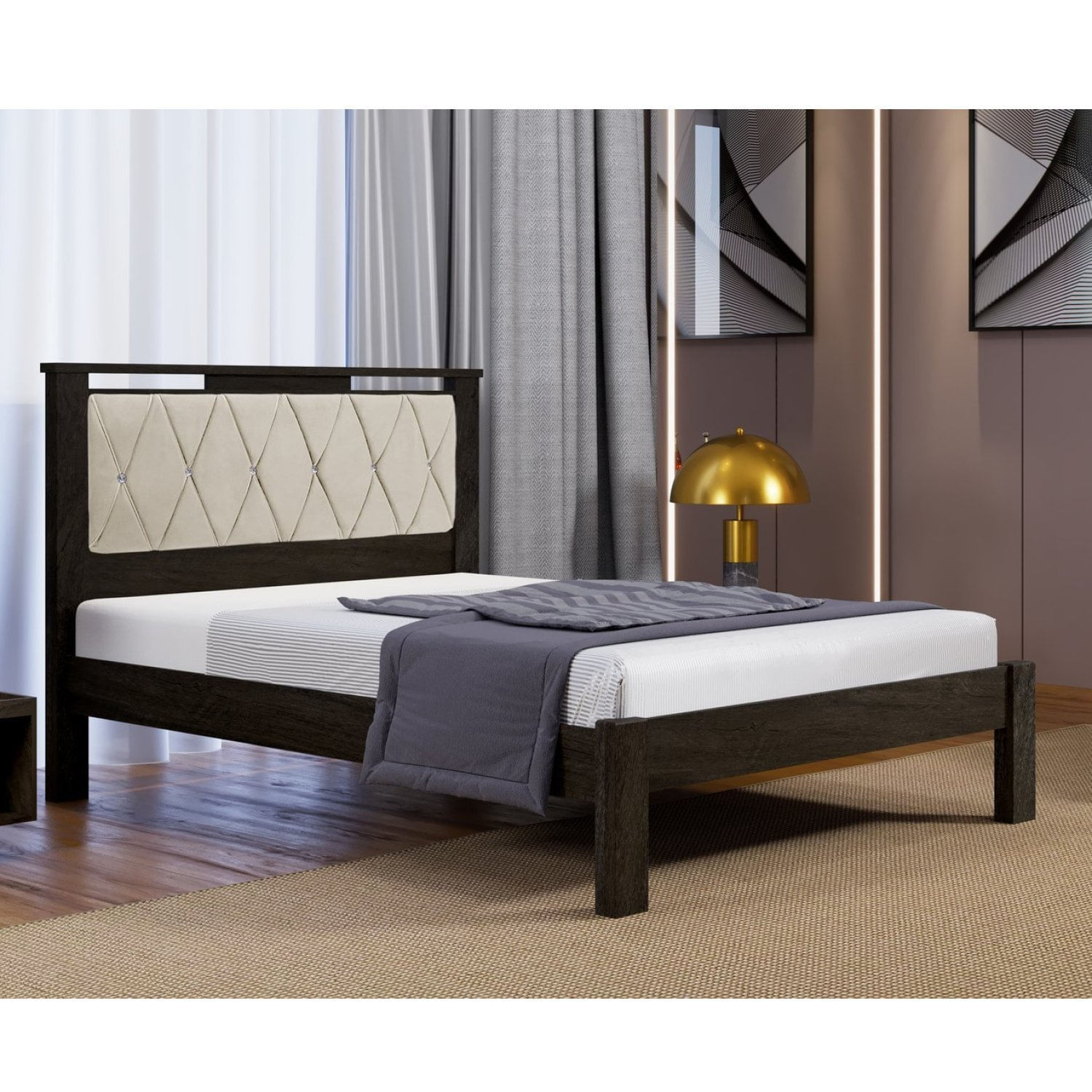 Cama Casal Com Cabeceira Estofada Alaska Carmolar Mocaccino/bege