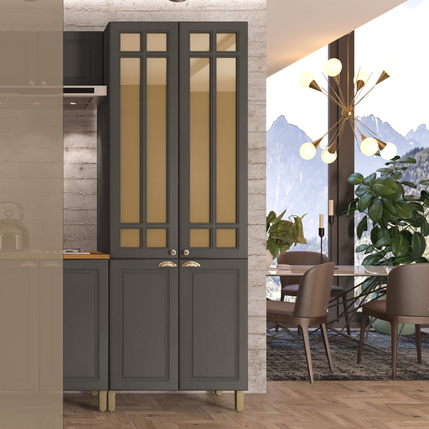 Paneleiro Duplo 4 Portas Com Vidro Paris Indekes Cinza