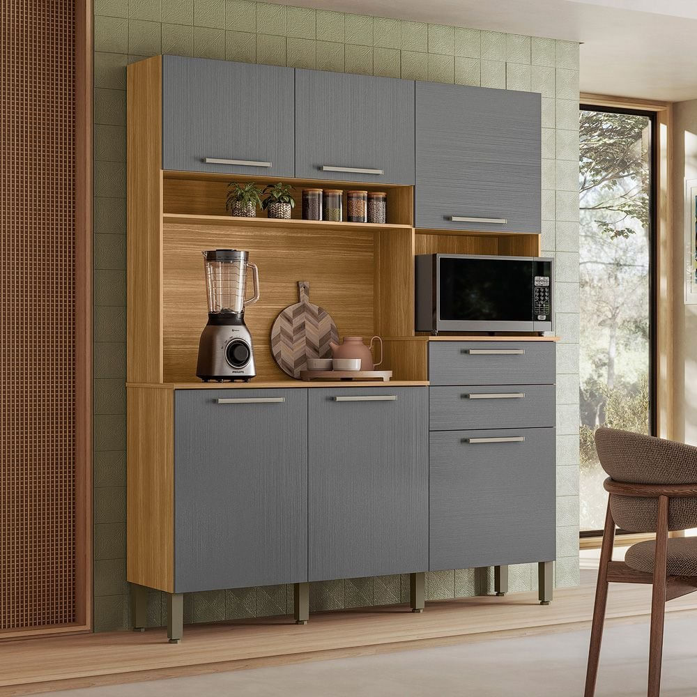 Armário De Cozinha 6 Portas 2 Gavetas Montesa Kits Paraná Freijó/gris
