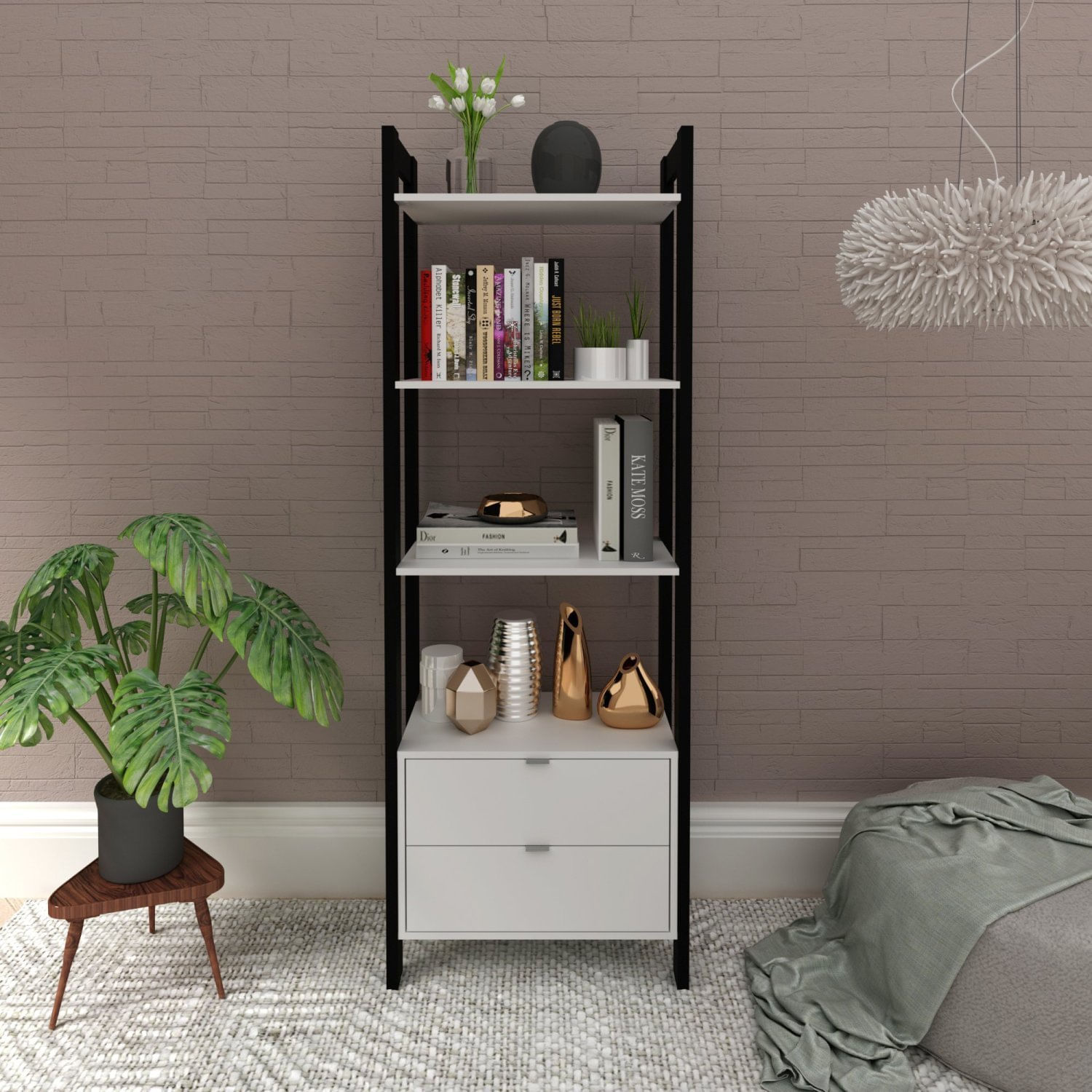 Estante 4 Prateleiras 2 Gavetas Haia Yescasa Preto/branco