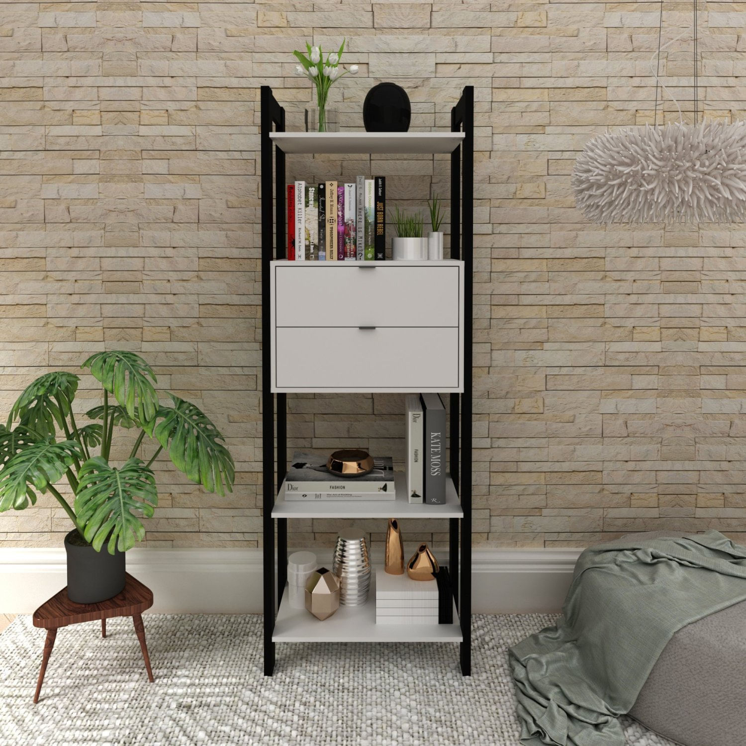 Estante 4 Prateleiras 2 Gavetas Haia Yescasa Preto/branco