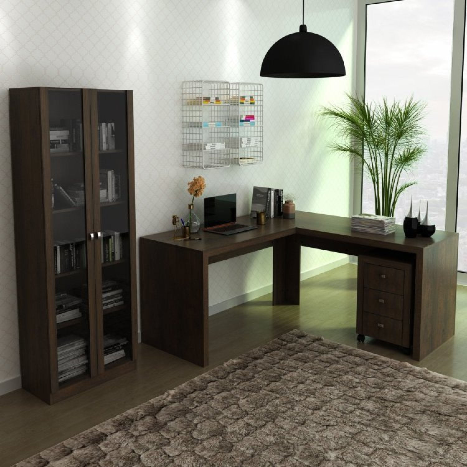 Mesa Em L Com Gaveteiro E Armário Com 2 Portas De Vidro Espresso Móveis Rústico