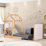 Cama Montessoriana Garden Com Telhado Single E Grade De Proteção Casatema Natural/branco