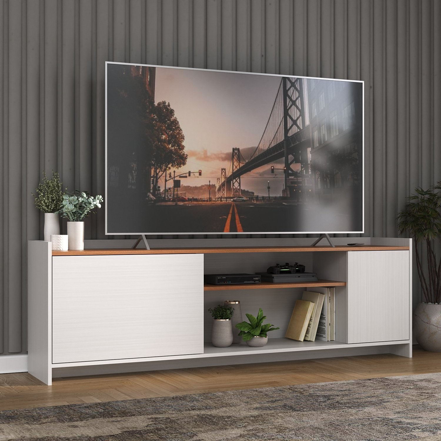 Rack Para Tv Até 60 Polegadas 2 Portas 2 Nichos Branco/nogal