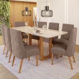 Conjunto Sala De Jantar Tampo Mdf/vidro 8 Cadeiras Michelle Nature/off White/marrom Amêndoa