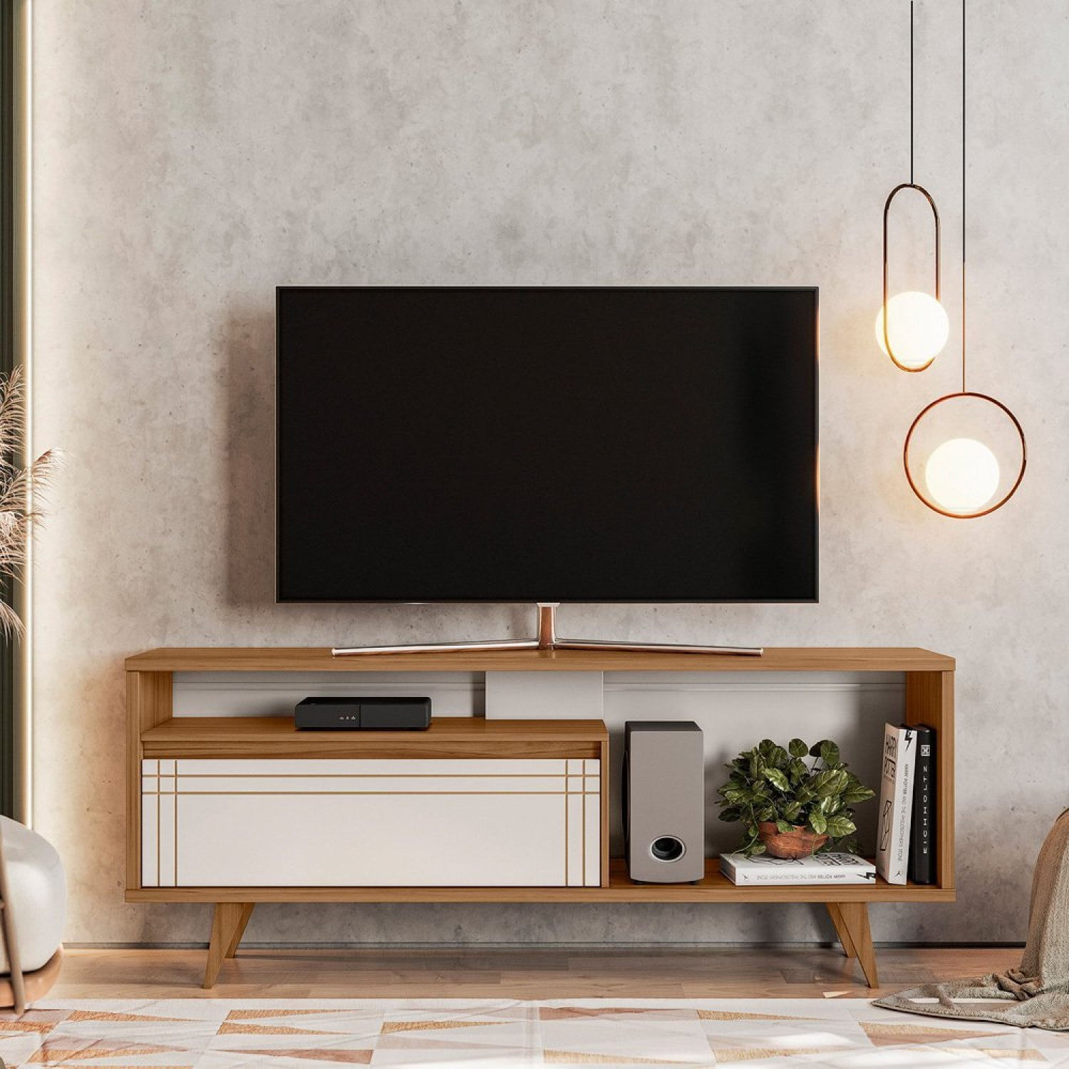 Rack Para Tv Até 60 Polegadas Nt1315 Porta Basculante Frisado Freijó Trend/off White