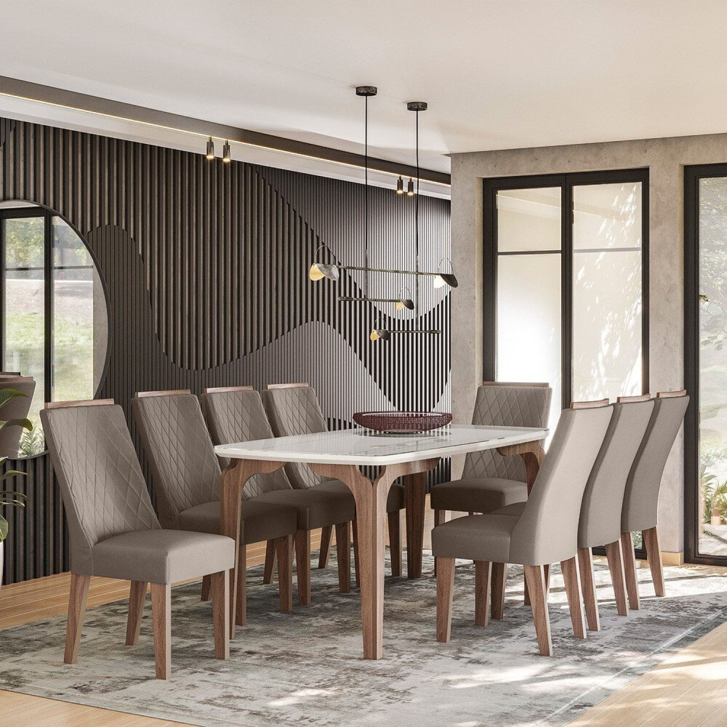 Conjunto Rubi Gold 183x90cm Com 8 Cadeiras Amendoa