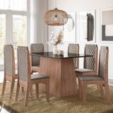Conjunto Sala De Jantar 135x90cm Tampo Vidro/mdf Com 6 Cadeiras Torre Lisboa Amêndoa