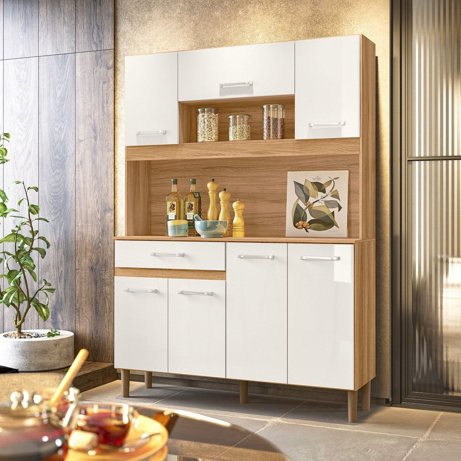 Cozinha Compacta 7 Portas 1 Gaveta Magazin Freijó/off White Cristal