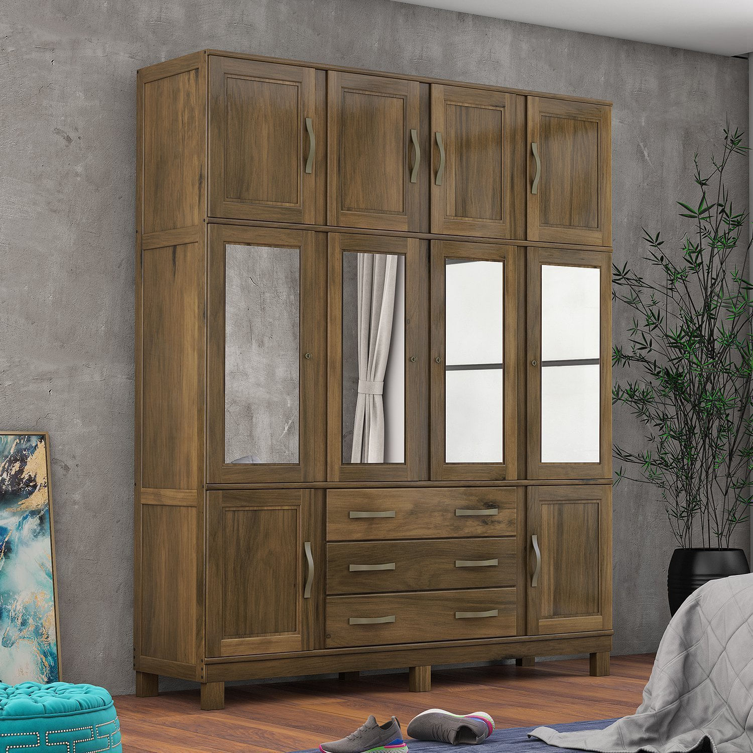 Guarda Roupa Casal 10 Portas 4 Espelhos 3 Gavetas E Pés Paris Castanho