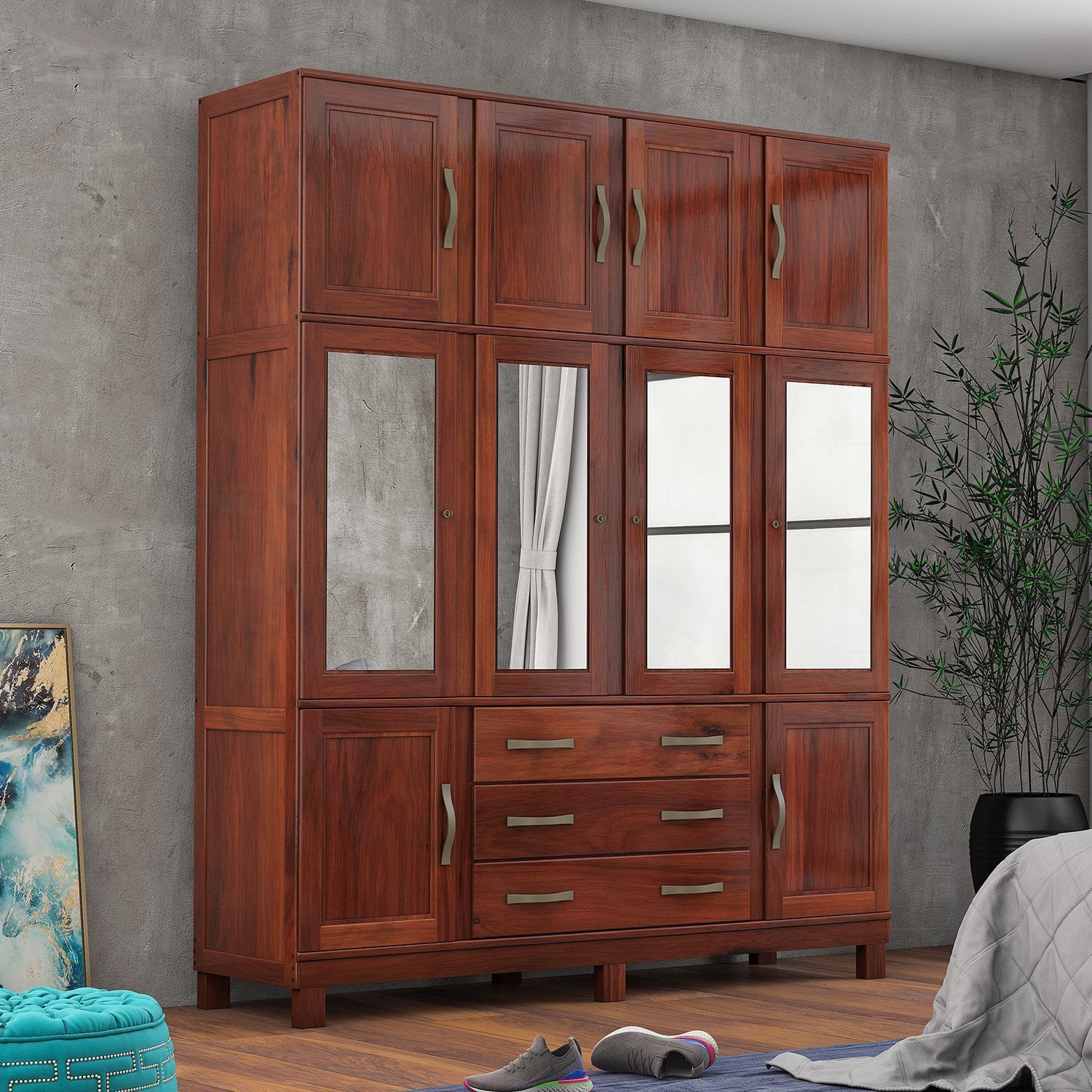 Guarda Roupa Casal 10 Portas 4 Espelhos 3 Gavetas E Pés Paris Mogano