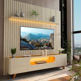 Rack Com Painel Ripado Para Tv Até 85 Polegadas 1 Gaveta 2 Portas 1 Prateleira Com Led 230cm Nobre Off White/naturale