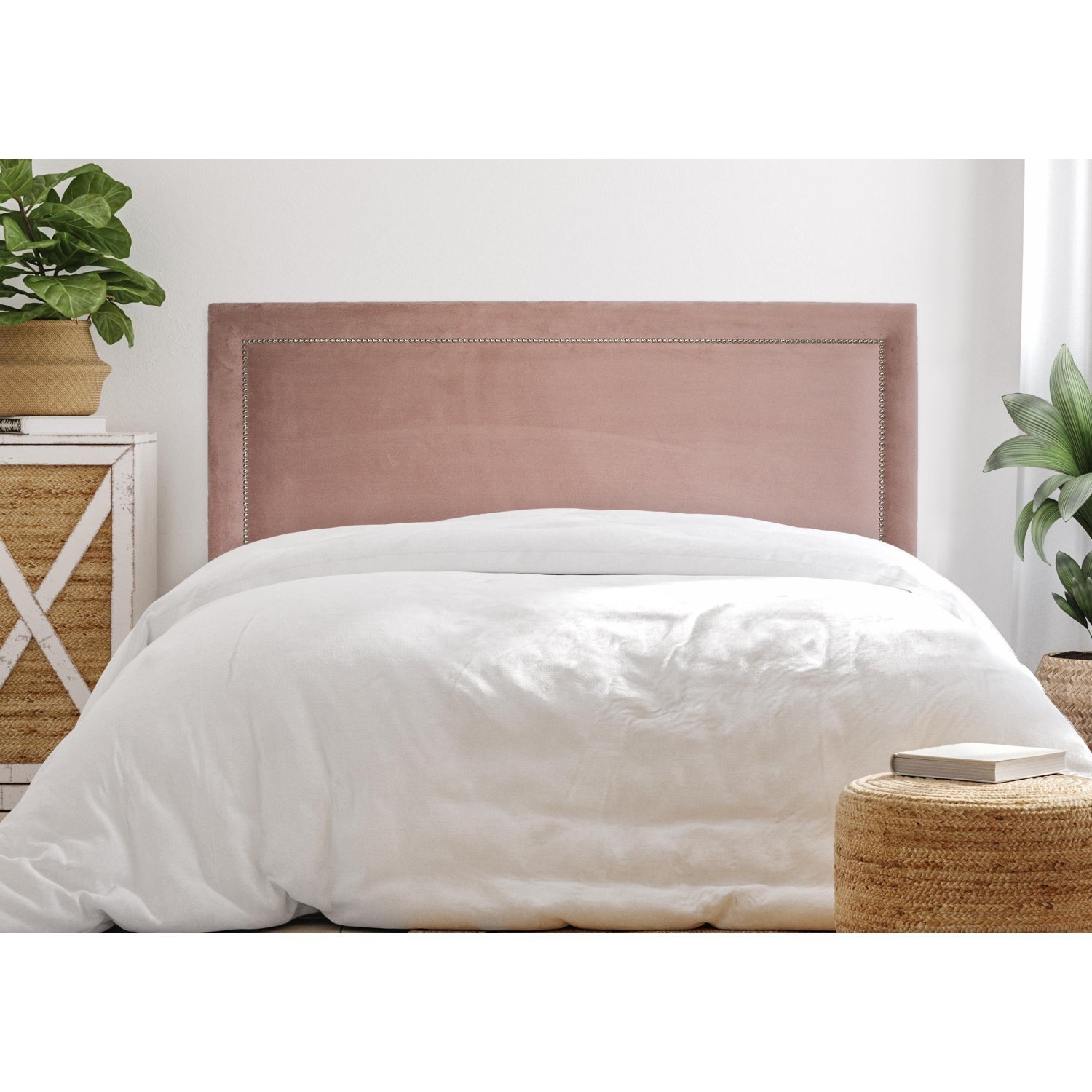 Cabeceira Casal Estofada Para Cama Box Reta Luxo Com Tachas 140x60cm Rosê/prata