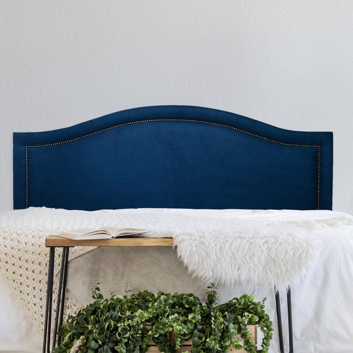 Cabeceira Casal 140x60cm Suede Curva Luxo Azul/fumê