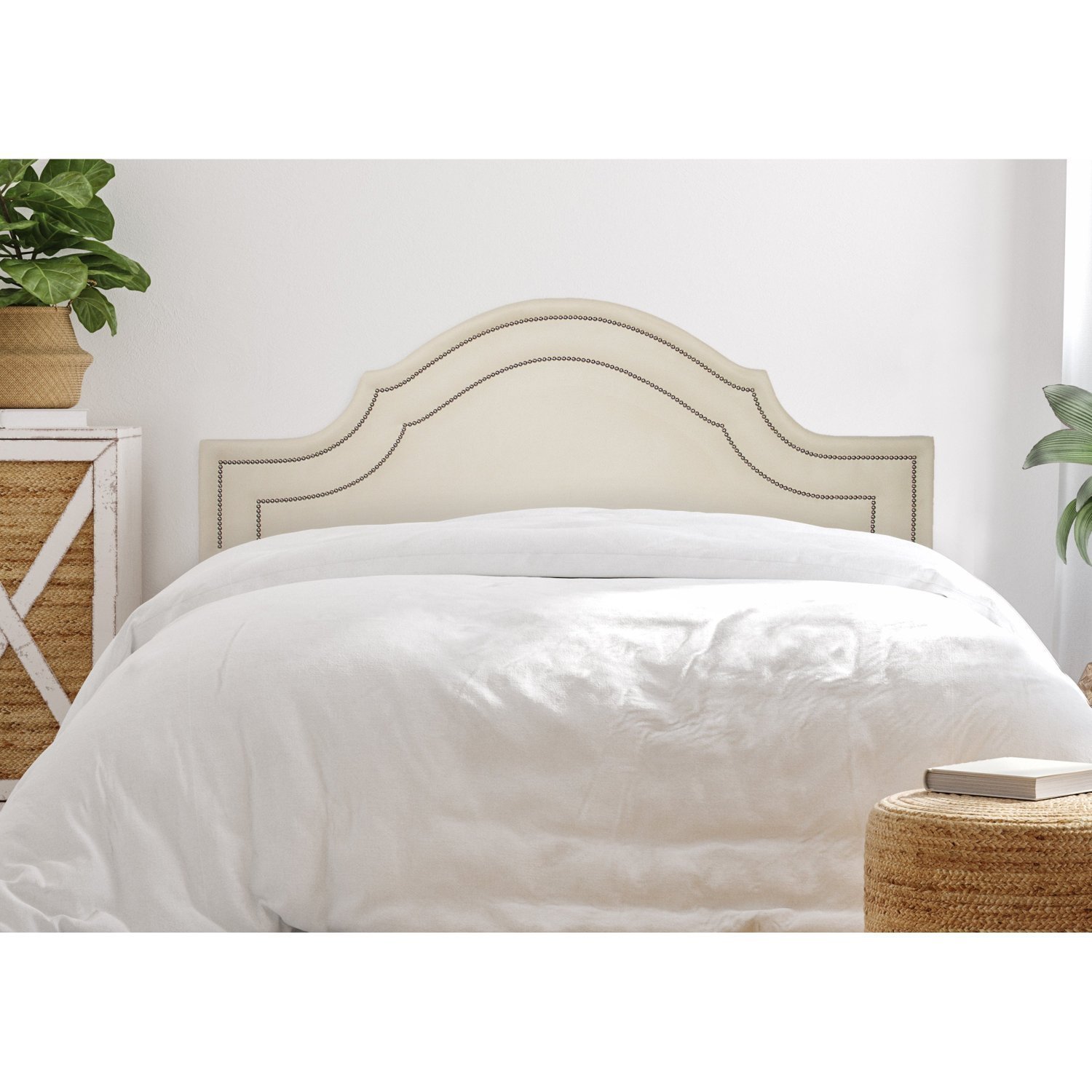 Cabeceira King Estofada Para Cama Box Com Tachas 193x60cm Provençal Luxo Dupla Off White/prata