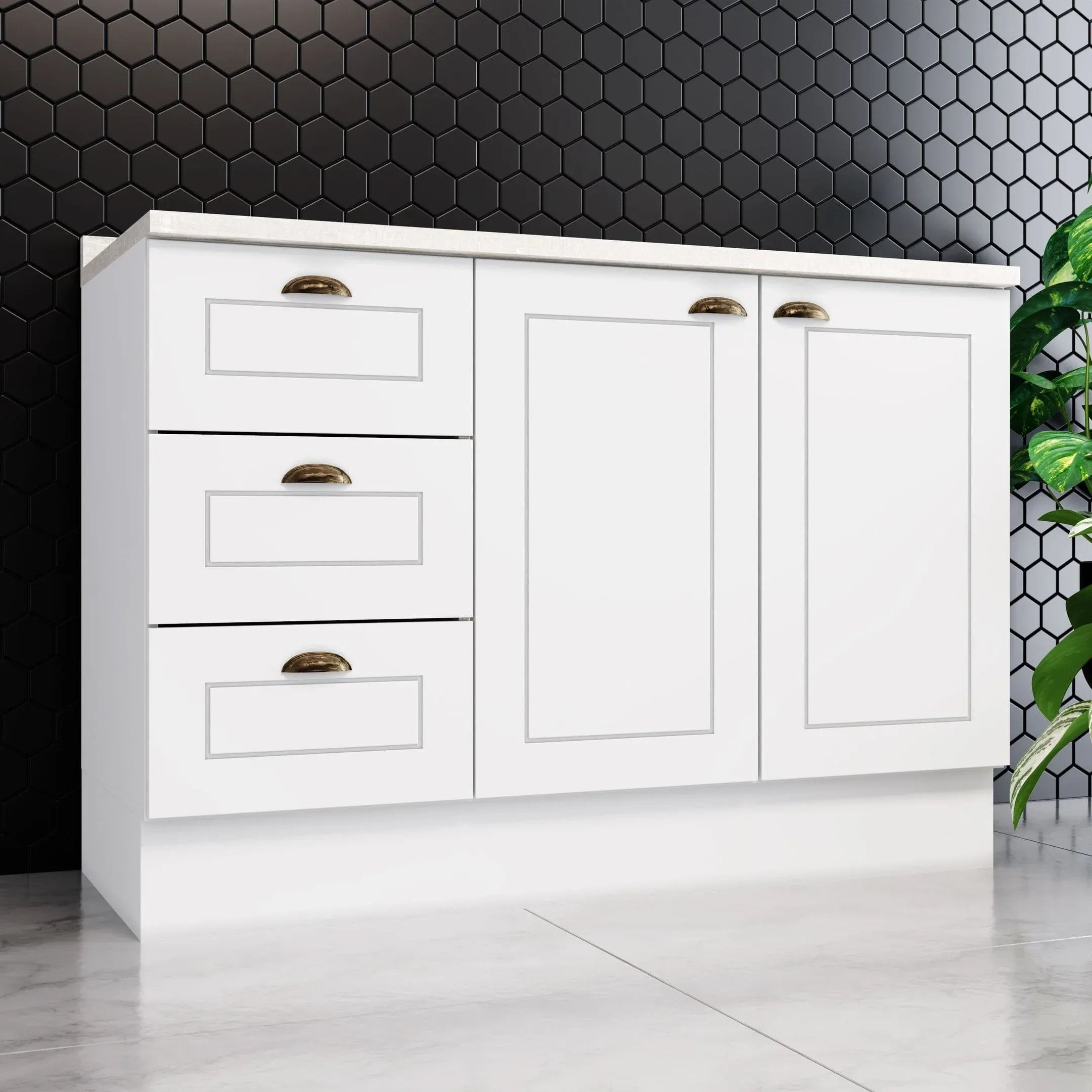 Balcão Para Cozinha 3 Gavetas 2 Portas Com Tampo Emily Branco Hp/calcare